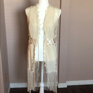 Bebe Ivory lace & fringe bottom cover up